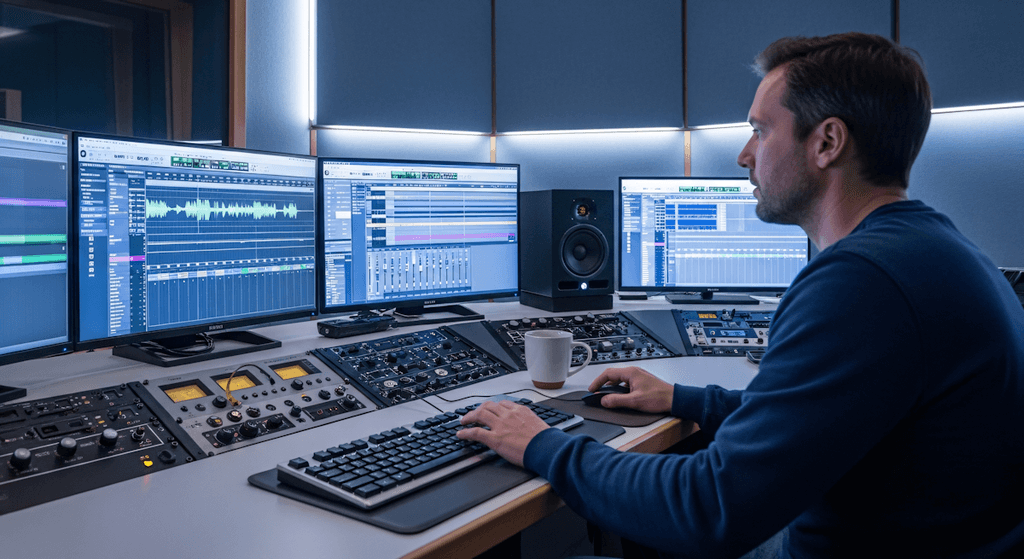 A person is seated at a control panel with multiple screens displaying audio and video software.